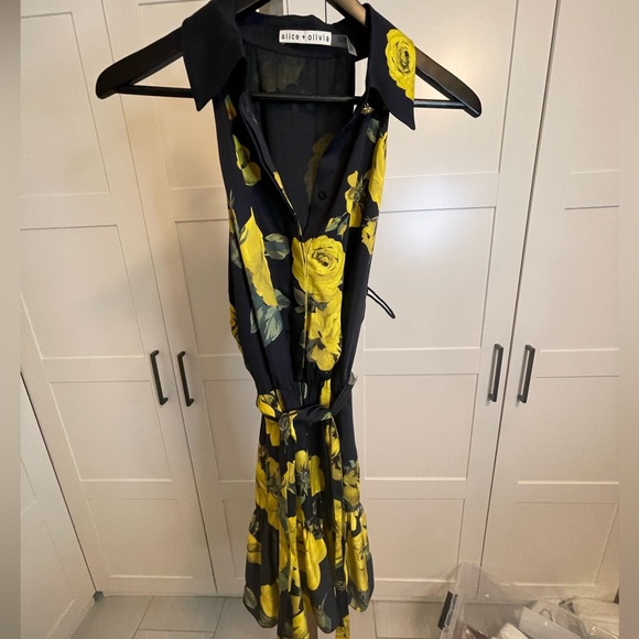 EUC: Alice + Olivia Miranda Black and Yellow Floral Tiered Mini Dress size 8 - Picture 3 of 8